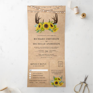Rustic Kraft Sunflowers Floral Antlers Wedding Tri-Fold Invitation