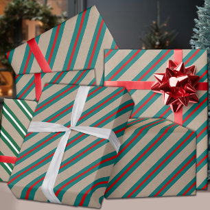 Rustic Kraft Teal Green Red Wide Stripe Holiday Wrapping Paper