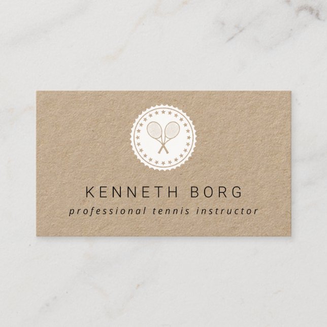 Rustic kraft tennis instructor logo in white business card (Front)