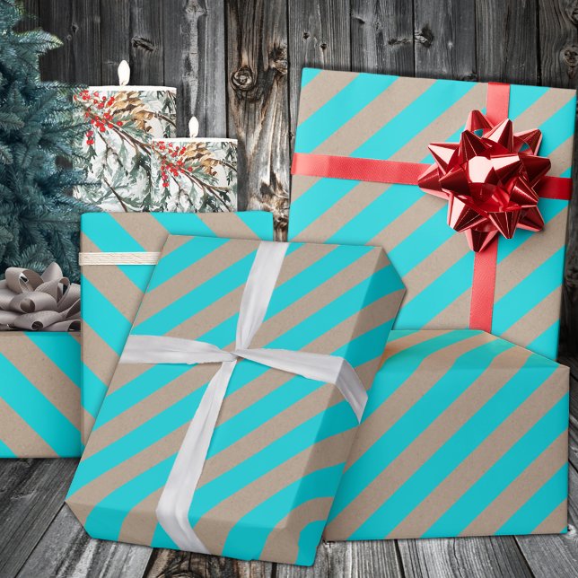 Rustic Kraft Turquoise Blue Wide Stripe Holiday Wrapping Paper (Rustic Kraft Turquoise Blue Wide Stripe Holiday Wrapping in 6 and 15 foot long 30 Inch Width Rolls
)