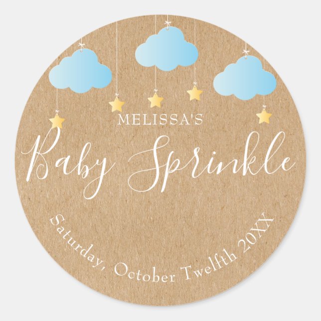 Rustic kraft twinkle sprinkle baby shower blue classic round sticker (Front)