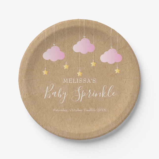 Rustic kraft twinkle sprinkle baby shower pink paper plate (Front)