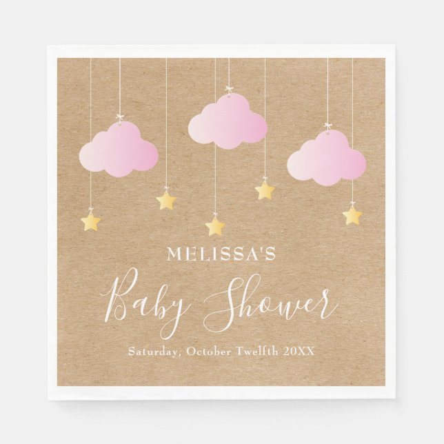 Rustic kraft twinkle twinkle baby shower pink napkin (Front)