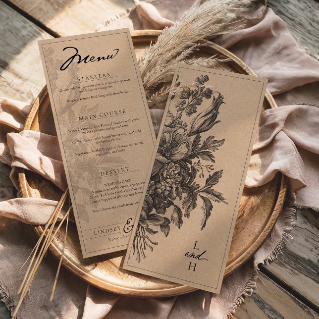Rustic Kraft Vintage Floral Romantic Wedding Menu (Rustic Kraft and Black vintage floral bouquet 4x9 monogram botanical wedding reception dinner menu)