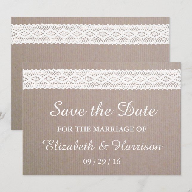 Rustic Kraft & Vintage White Lace Save The Date (Front/Back)