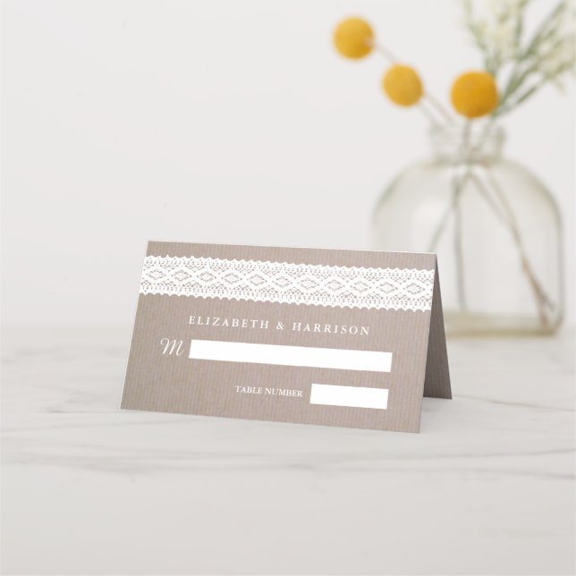 Rustic Kraft & Vintage White Lace Wedding Place Card (Front)