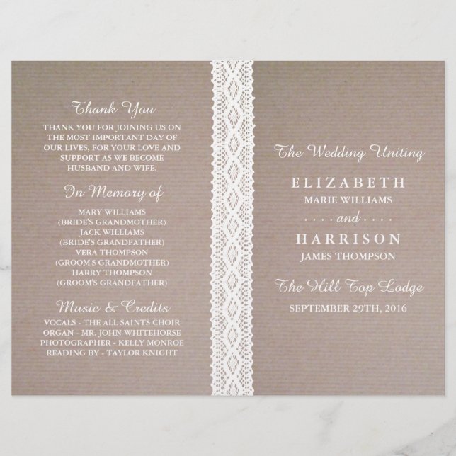 Rustic Kraft & Vintage White Lace Wedding Program (Front)