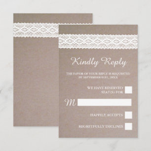 Rustic Kraft & Vintage White Lace Wedding RSVP Card