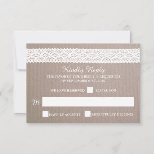 Rustic Kraft & Vintage White Lace Wedding RSVP Card