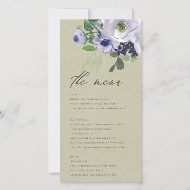 Rustic Kraft Violet Purple Floral Leafy Menu Card (Front)
