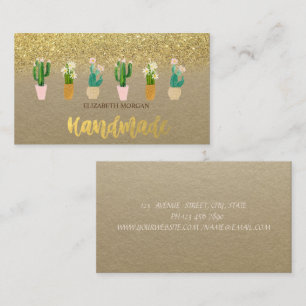 Rustic Kraft, Watercolor Cactus Plant Gold Glitter Business Card