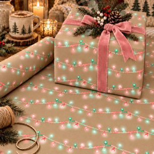 Rustic Kraft Watercolor Christmas String Lights Wrapping Paper