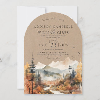 Rustic Kraft Watercolor Fall Mountain Arch Wedding Invitation