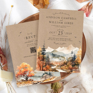 Rustic Kraft Watercolor Fall Tree Mountain Wedding Invitation