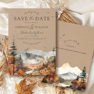 Rustic Kraft Watercolor Fall Tree Mountain Wedding Save The Date
