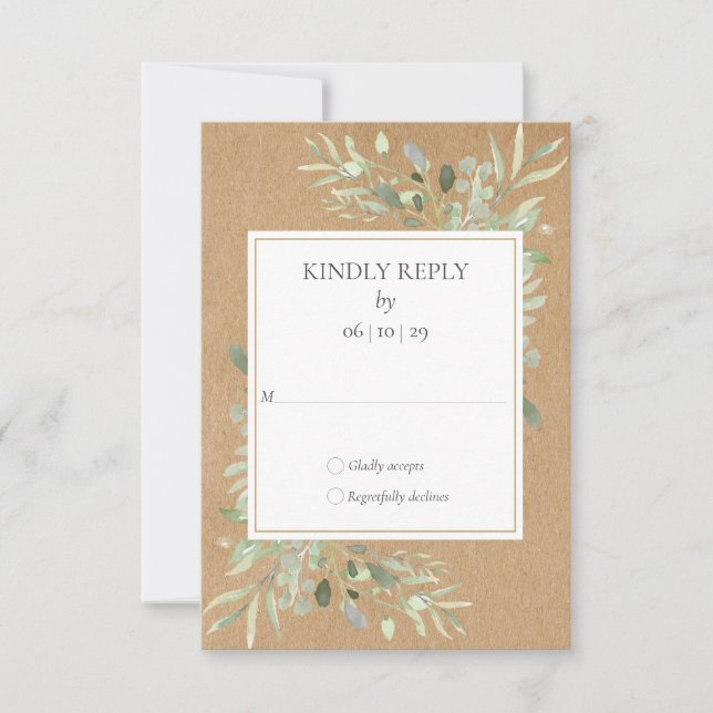 Rustic Kraft Watercolor Greenery RSVP Card (Front)