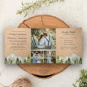 Rustic Kraft Watercolor Mountain Pine Tree Wedding Tri-Fold Invitation