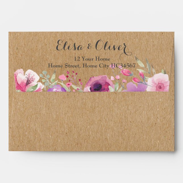 Rustic Kraft Watercolour Roses Return Address Envelope (Back (Top Flap))
