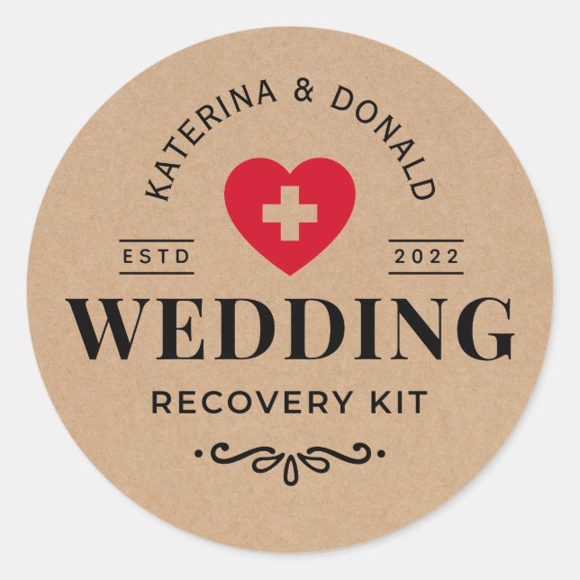 Rustic Kraft Wedding Hangover Recovery Kit  Classi Classic Round Sticker (Front)
