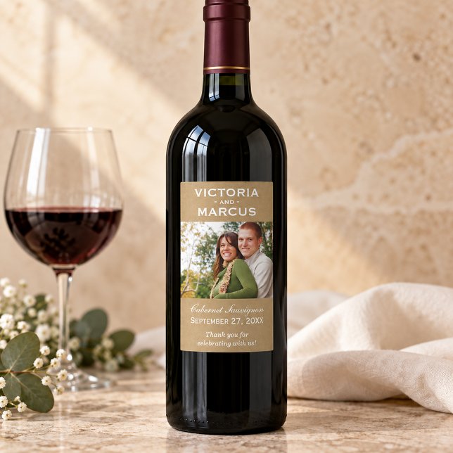 Rustic Kraft Wedding Monogram Photo Wine Favour Rectangular Sticker (Creator Uploaded)
