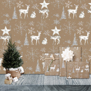 Rustic Kraft White Baby Doe Deer Silver Snowflakes Wrapping Paper Sheet