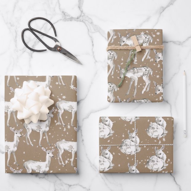 Rustic Kraft White Baby Doe Reindeers Snowflakes Wrapping Paper Sheet (Front)