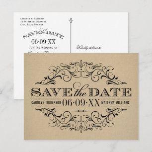 Rustic Kraft White Flourish Vintage Save the Date Announcement Postcard