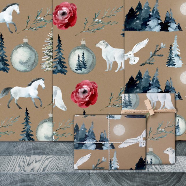 Rustic Kraft White Horse Arctic Fox Snowy Owl Wrapping Paper Sheet (Rustic Kraft White Horse Arctic Fox Snowy Owl Christmas Holiday Gift Wrapping Paper Sheets Trio)