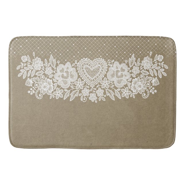 Rustic Kraft & White Lace Lacy Farmhouse Bath Mat (Front)