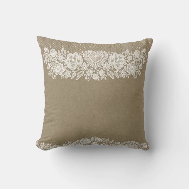 Rustic Kraft & White Lace Lacy Farmhouse Chic Cushion (Front)
