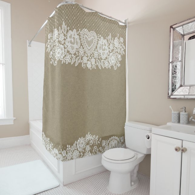 Rustic Kraft & White Lace Lacy Farmhouse Shower Curtain (In Situ)
