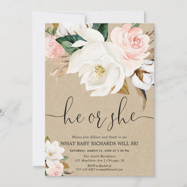 Rustic kraft white pink floral gender reveal invitation (Front)