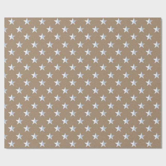 Rustic Kraft White Silver Stars Holiday Wrapping Paper (Flat)