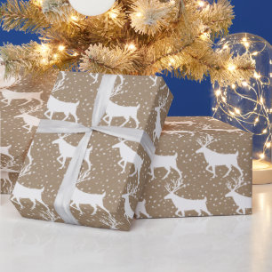 Rustic Kraft White Stag Reindeer Snowfall Wrapping Paper