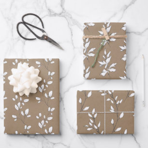 Rustic Kraft White Stem Leaf Greenery Wrapping Paper Sheet