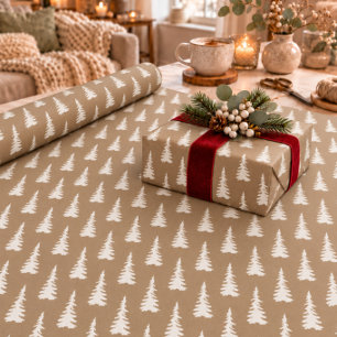 Rustic Kraft White Woodland Christmas Trees Wrapping Paper