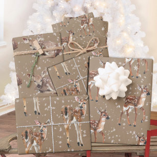 Rustic Kraft Winter Baby Doe Reindeer Snowflakes Wrapping Paper Sheet
