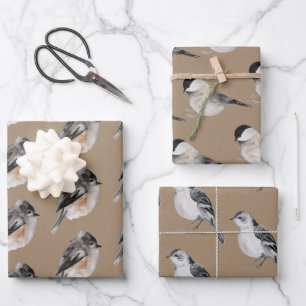 Rustic Kraft Winter Birds Sparrows Chickadees Wrapping Paper Sheet
