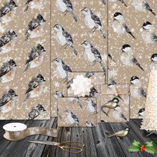 Rustic Kraft Winter Birds Sparrows Chickadees Wrapping Paper Sheet