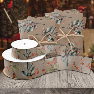 Rustic Kraft Winter Spruce Pine Cones Red Berries Grosgrain Ribbon