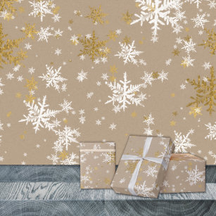 Rustic Kraft Winter White & Gold Snowflakes Wrapping Paper