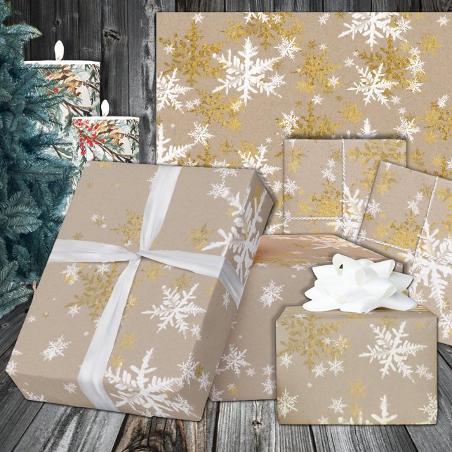 Rustic Kraft Winter White & Gold Snowflakes Wrapping Paper (Rustic Kraft Winter White & Gold Snowflakes Wrapping In 6 and 15 foot long 30 Inch Width Rolls
)
