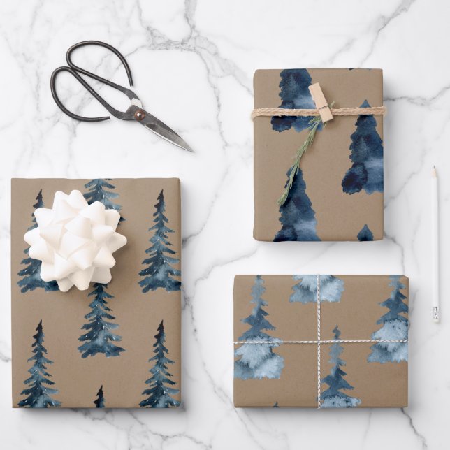 Rustic Kraft Winter Woodland Blue Spruce Trees  Wrapping Paper Sheet (Front)