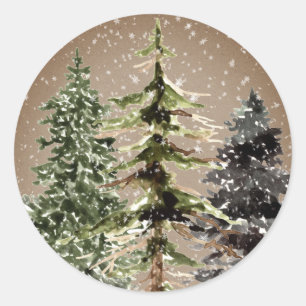Rustic Kraft Winter Woodland Snowy Spruce Trees Classic Round Sticker