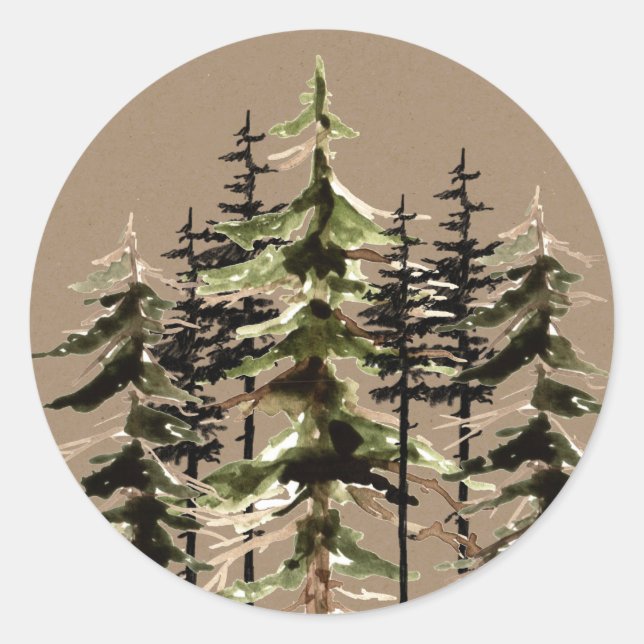 Rustic Kraft Winter Woodland Spruce Trees Classic  Classic Round Sticker (Front)