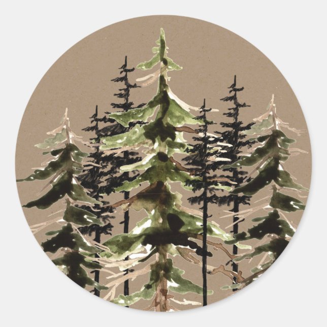 Rustic Kraft Winter Woodland Spruce Trees Classic  Round Sticker (Front)