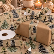 Rustic Kraft Winter Woodland Spruce Trees Reindeer