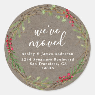 Rustic Kraft Wreath We’ve Moved Address Classic Round Sticker
