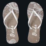 Rustic lace and burlap silver glitter bride jandals<br><div class="desc">Elegant white vintage lace and sparkle silver glitter on rustic burlap background. great bride gifts for bride in rustic wedding,  barn wedding and country wedding.
See all the matching pieces in collection.</div>