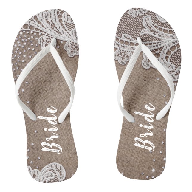 Rustic lace and burlap silver glitter bride jandals (Footbed)